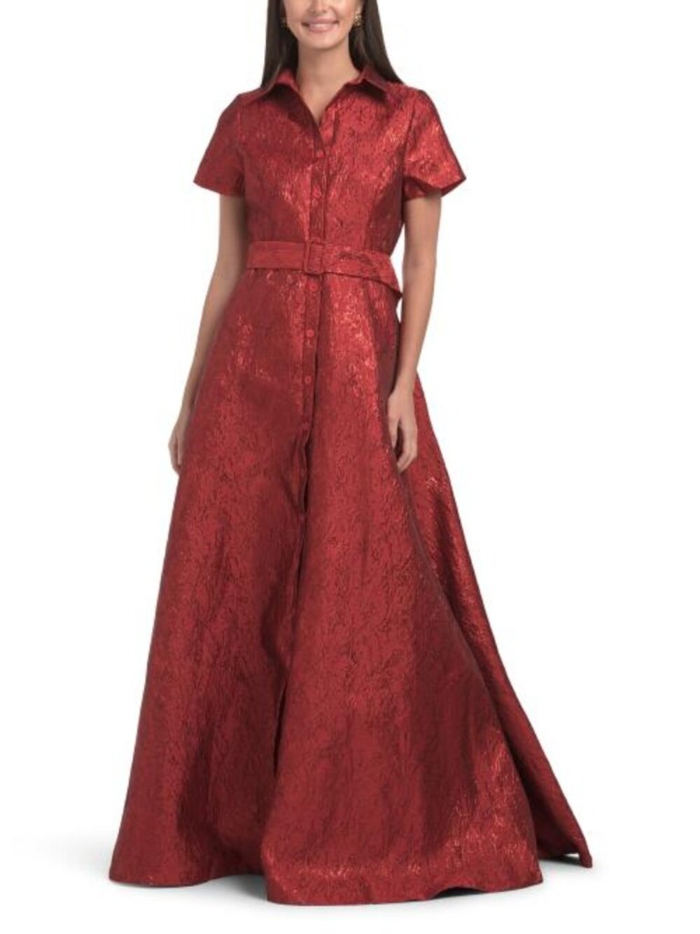 RENE BY RENE RUIZ Short Sleeve Jacquard Gown With Belt